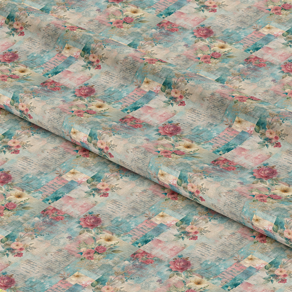 A close-up of fabric featuring a vintage-inspired floral pattern with roses and leaves in pink, yellow, and green, overlaid on a textured background with teal and beige rectangular blocks and faint text.