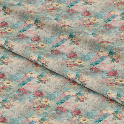 A close-up of fabric featuring a vintage-inspired floral pattern with roses and leaves in pink, yellow, and green, overlaid on a textured background with teal and beige rectangular blocks and faint text.