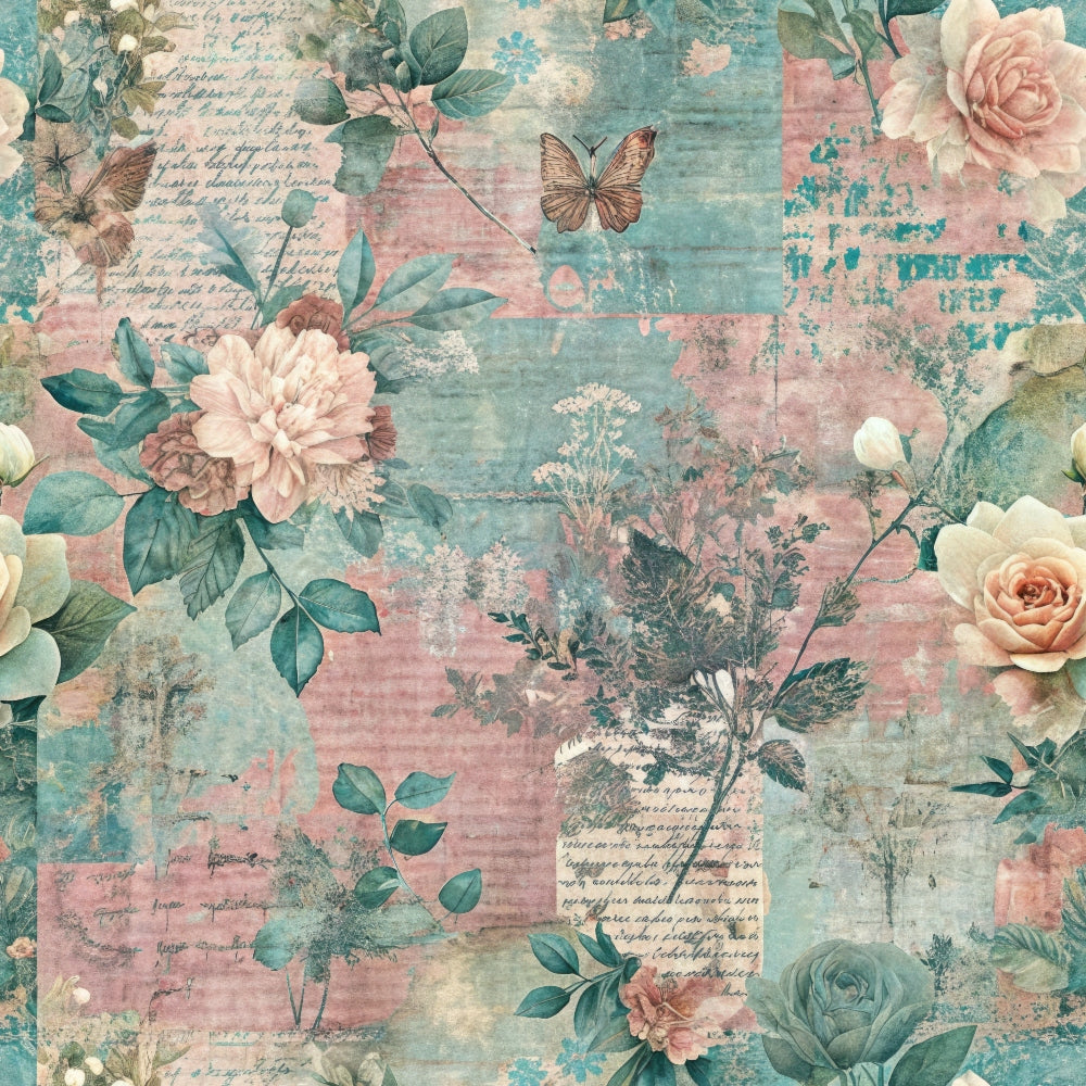 - Pastel Grunge Nostalgia Pattern 7 Quilting Cotton Fabric  
- Vintage floral  
- Soft pinks, muted blues  
- Roses, peonies, leaves  
- Butterfly, scripted text  
- Distressed, textured background  
- Quilting, cotton, sewing material  
- Antique, shabby chic, nostalgic  
- Botanical, delicate, faded colors