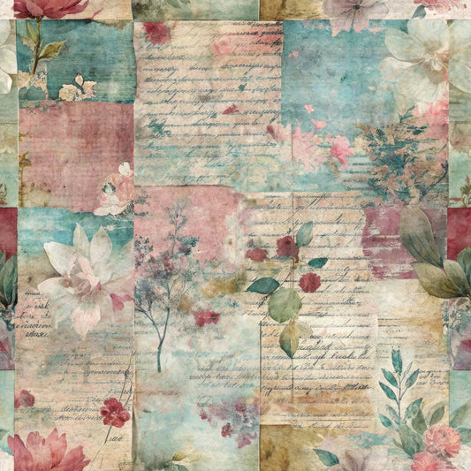 A patchwork pattern featuring faded flowers, leaves, and handwritten script in muted shades of pink, blue, beige, and green, arranged in rectangular sections with a vintage, textured appearance.