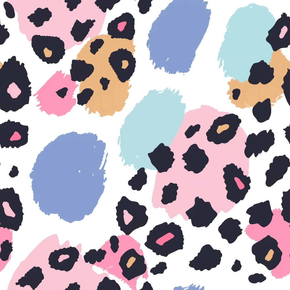 Abstract pattern with pastel pink, blue, and tan blotches interspersed with black irregular spots on a white background.