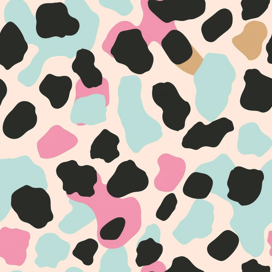 Abstract pattern with irregular black, pink, teal, and tan spots on a cream background.