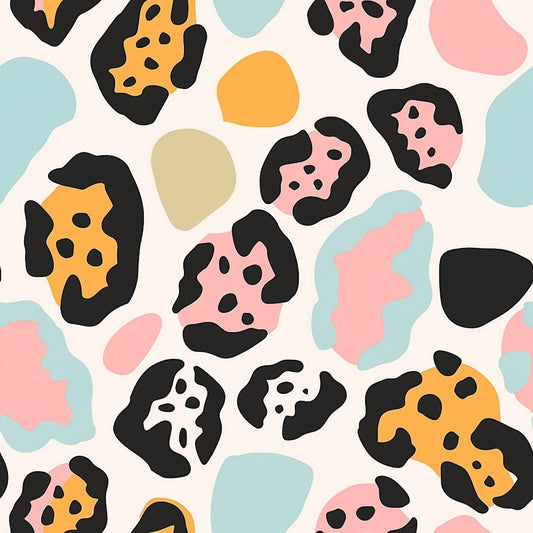 Abstract pattern with irregular black, pink, yellow, and blue shapes on a white background.