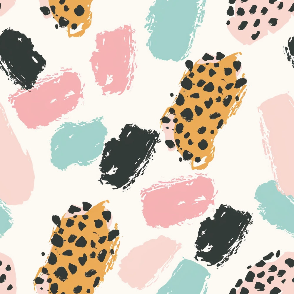 Abstract pattern with brushstroke shapes in pink, teal, black, and white, and leopard print elements on a light background.