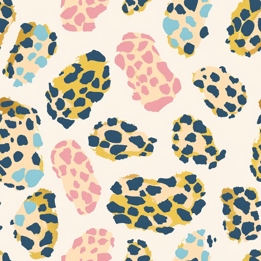 Abstract pattern with irregular shapes in blue, pink, and yellow on a light background.