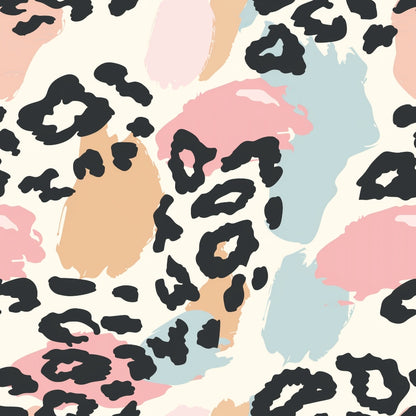 Abstract pattern with black irregular shapes on pastel peach, pink, and blue blobs against a cream background.