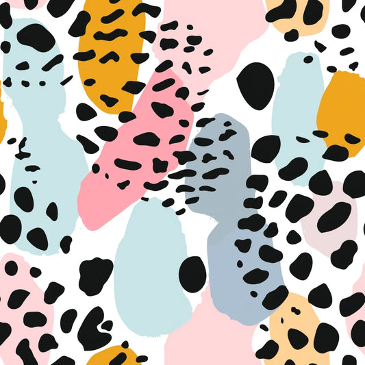 Abstract pattern with black spots on pastel shapes in pink, blue, and yellow.