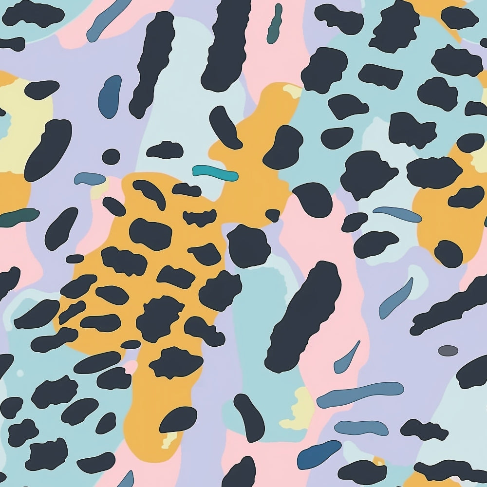 Abstract pattern with irregular shapes in black, teal, orange, pink, and lavender, resembling camouflage.