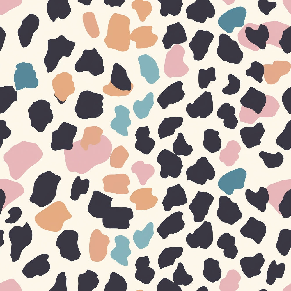 Abstract pattern with irregular spots in black, pink, orange, and teal on a cream background.