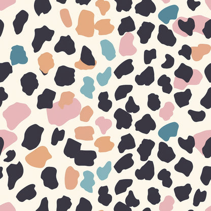 Abstract pattern with irregular spots in black, pink, orange, and teal on a cream background.