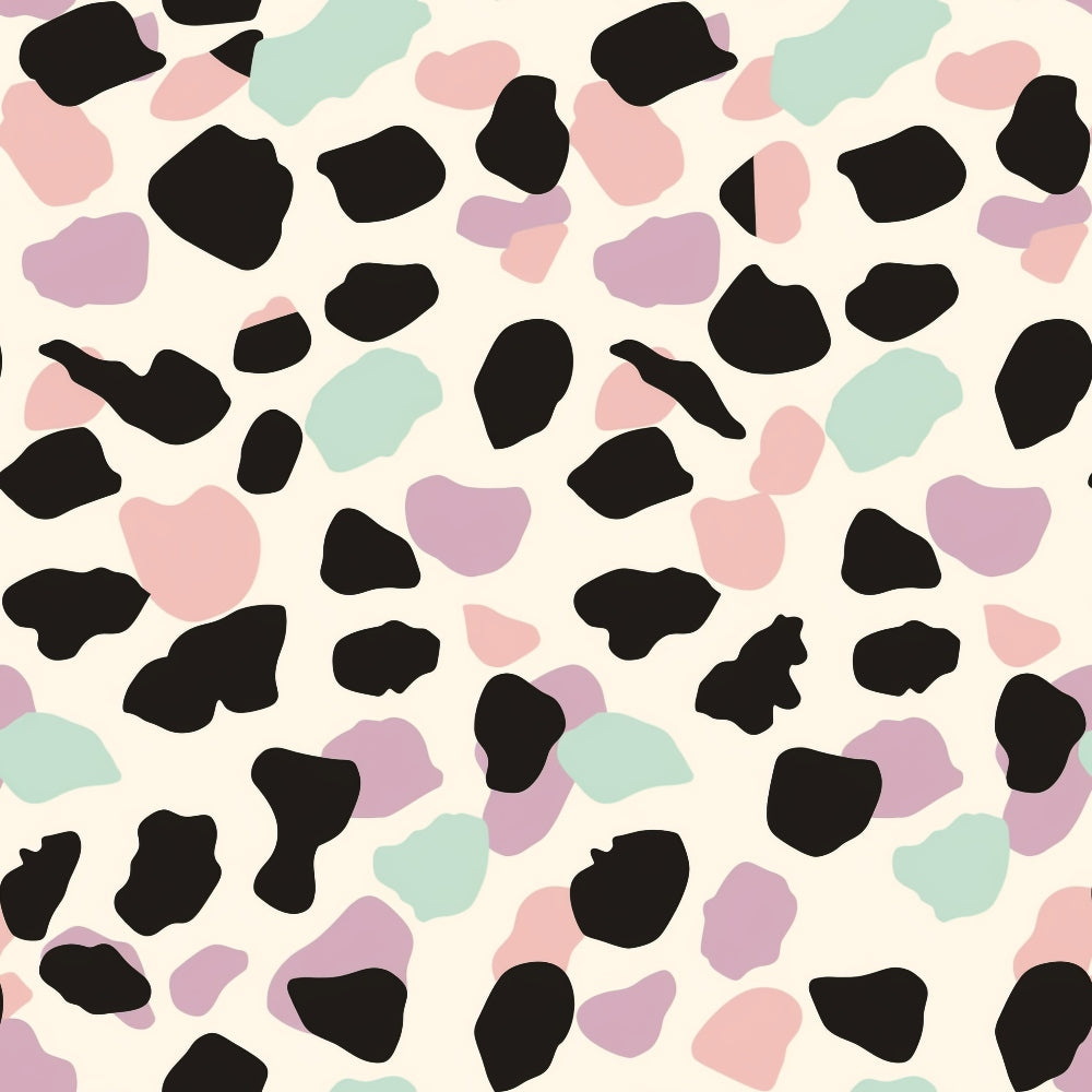 Abstract pattern with irregular black, pink, green, and purple shapes on a cream background.