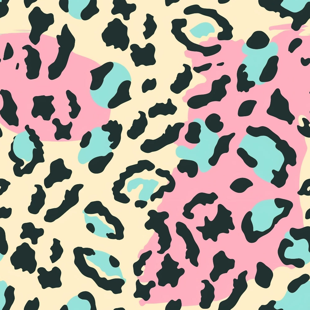 Pattern with black leopard spots on a background of pink, teal, and cream patches.