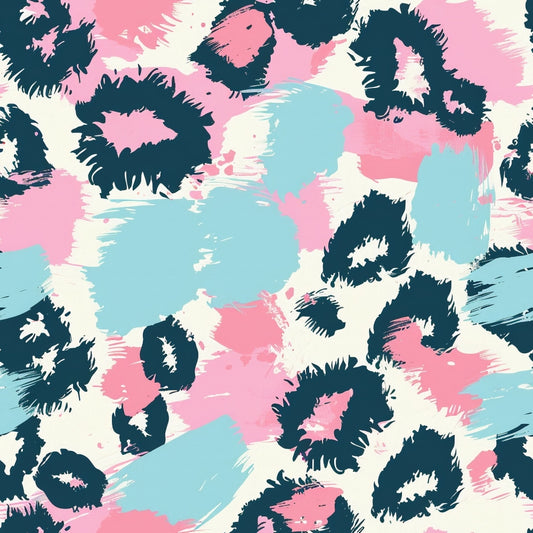 Abstract pattern with pink, blue, and dark teal brush strokes and spots on an off-white background.