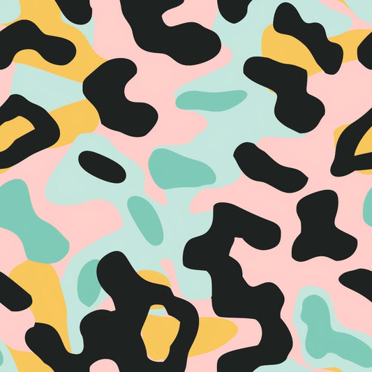 Abstract pattern with black shapes over pink, teal, and yellow backgrounds, resembling a leopard print design.