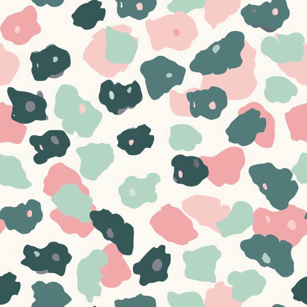 Abstract pattern with irregular shapes in green, pink, and black on a light background.