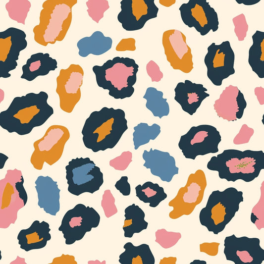 Abstract pattern with irregular spots in dark blue, pink, orange, and blue on a cream background.