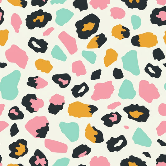 Abstract pattern with irregular shapes in black, pink, teal, and orange on a light background, resembling a modern, colorful camouflage or animal print design.