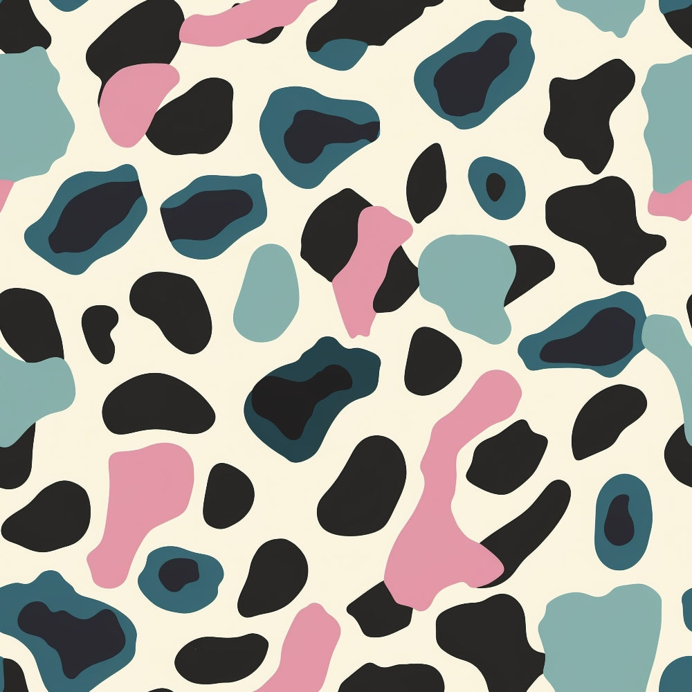 Abstract pattern with irregular shapes in black, teal, and pink on a cream background.