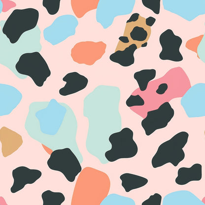 Abstract pattern with irregular shapes in black, peach, mint, blue, pink, and orange on a light background.