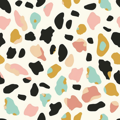 Abstract pattern with irregular shapes in black, pink, teal, and mustard on a light background.