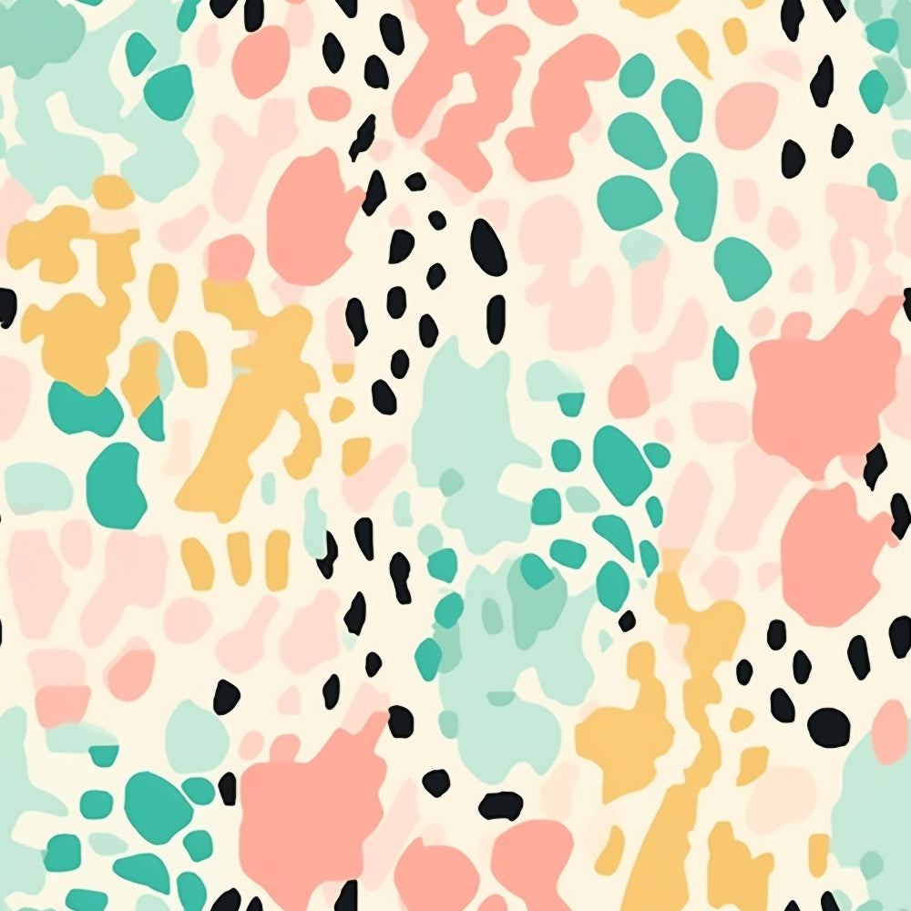 Abstract pattern with irregular shapes in pink, teal, yellow, black, and beige, resembling animal print.