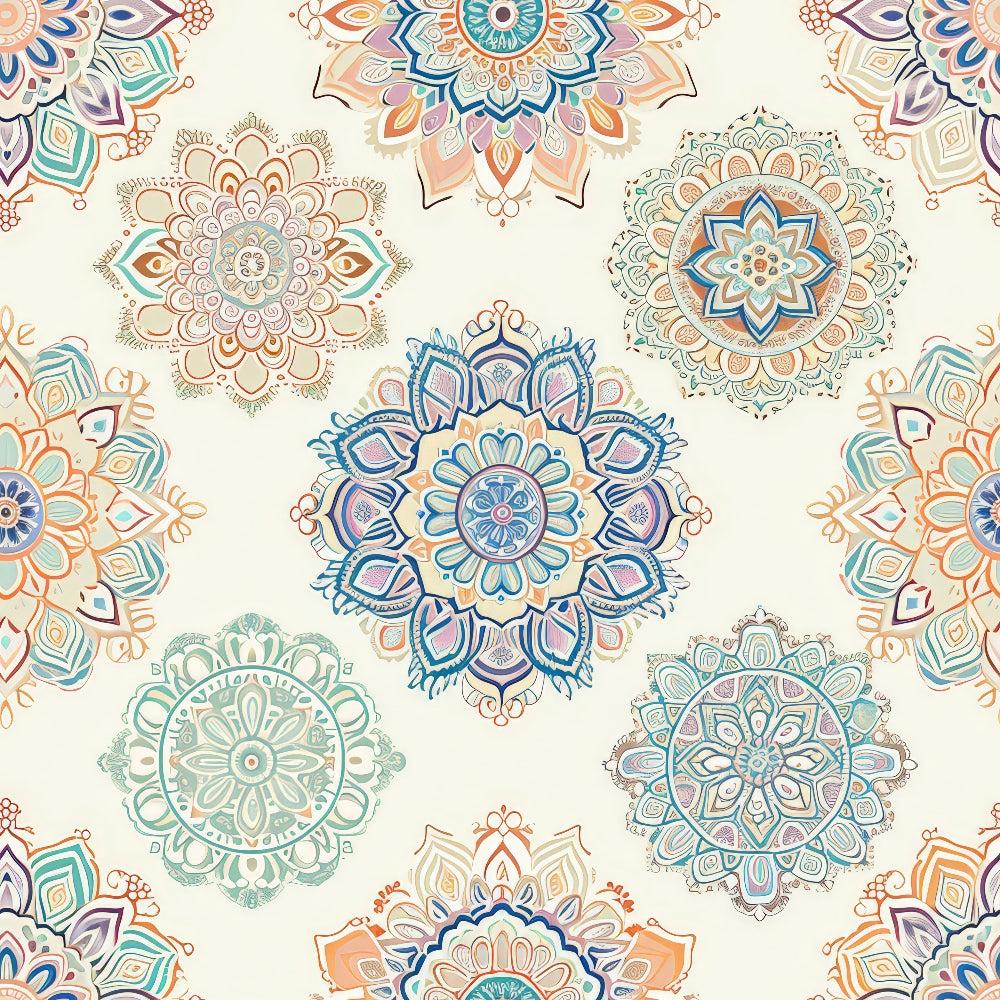 Pattern of multicolored mandalas with intricate designs on a light background.