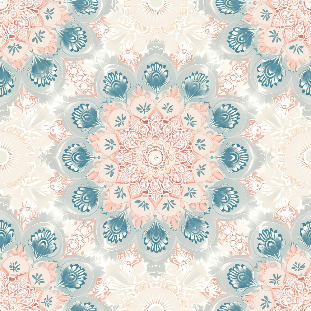 Intricate mandala with floral patterns in soft blue, peach, and cream hues, featuring symmetrical, detailed designs radiating from the center.