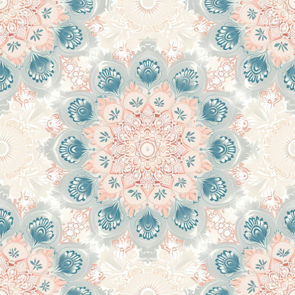 Intricate mandala with floral patterns in soft blue, peach, and cream hues, featuring symmetrical, detailed designs radiating from the center.