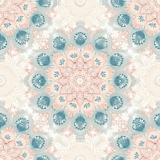 Intricate mandala with floral patterns in soft blue, peach, and cream hues, featuring symmetrical, detailed designs radiating from the center.