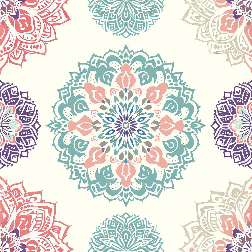 Colorful mandala patterns in blue, pink, purple, and beige, arranged symmetrically on a light background.