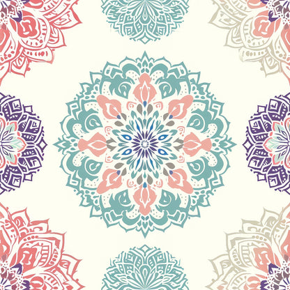 Colorful mandala patterns in blue, pink, purple, and beige, arranged symmetrically on a light background.