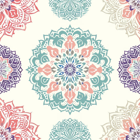 Colorful mandala patterns in blue, pink, purple, and beige, arranged symmetrically on a light background.