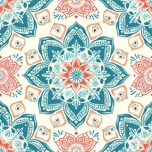 Intricate floral mandala pattern with teal, coral, and beige colors, featuring symmetrical geometric shapes and floral motifs on a light background.