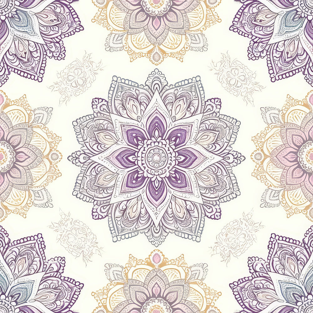 Intricate mandala pattern with symmetrical designs in shades of purple, gold, and gray on a light background.