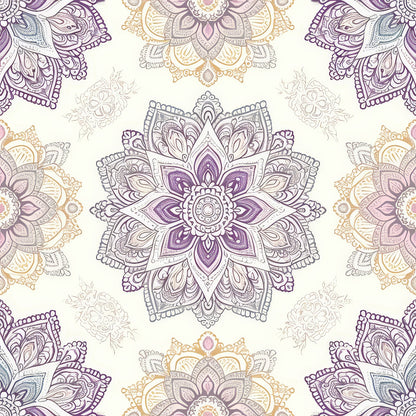 Intricate mandala pattern with symmetrical designs in shades of purple, gold, and gray on a light background.