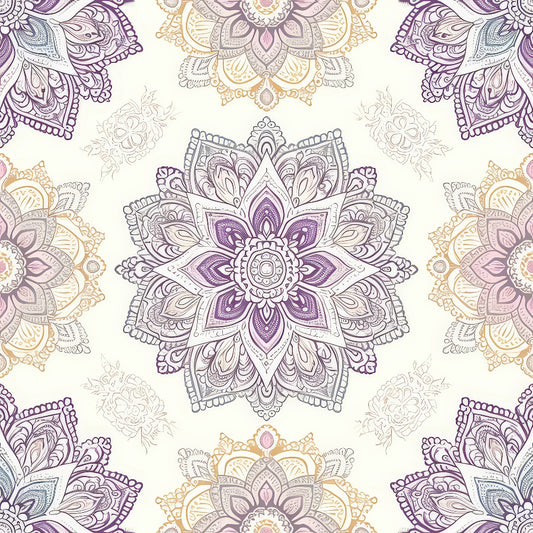 Intricate mandala pattern with symmetrical designs in shades of purple, gold, and gray on a light background.