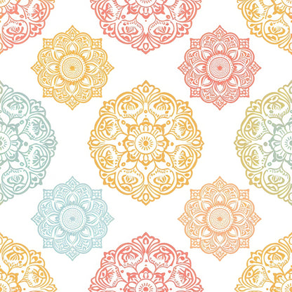 Pattern of colorful mandalas in shades of yellow, orange, red, and teal on a white background.