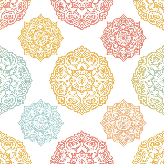 Pattern of colorful mandalas in shades of yellow, orange, red, and teal on a white background.