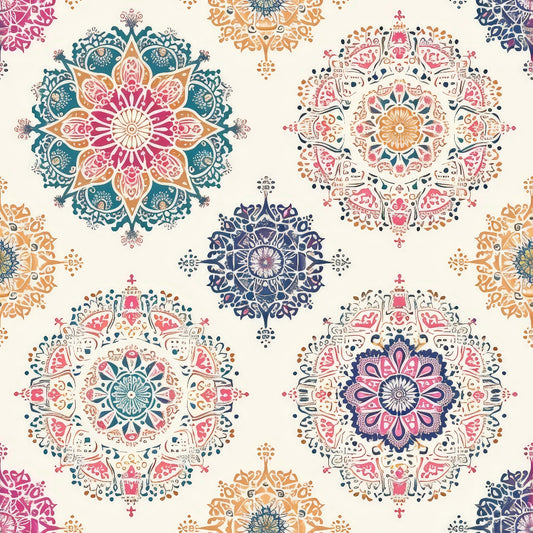 Intricate mandala patterns in various colors, including pink, blue, and yellow, arranged on a light background.