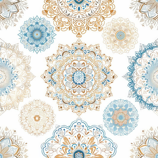 Intricate mandala patterns in blue, gold, and beige on a white background, featuring symmetrical floral and geometric designs.