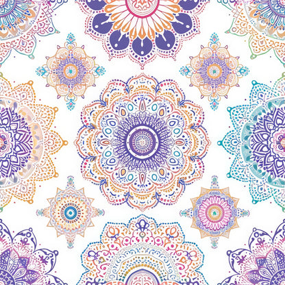 Intricate, colorful mandala patterns in various shapes and sizes against a white background.