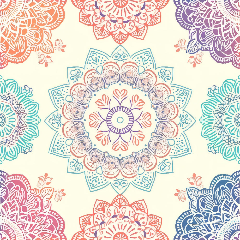 Colorful mandala pattern featuring intricate, overlapping designs in shades of orange, blue, purple, and green on a light background.