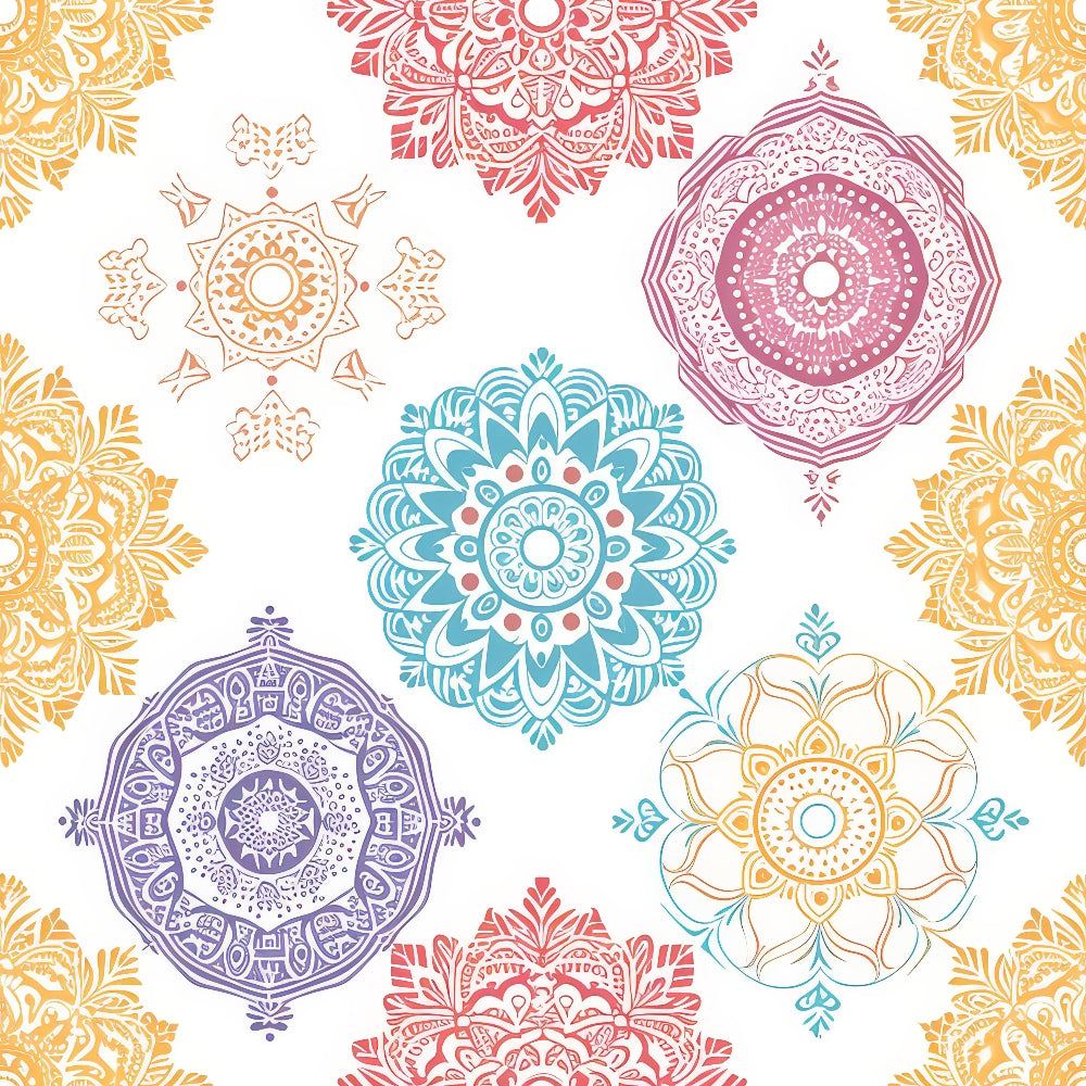 Colorful mandala patterns in red, blue, yellow, and purple on a white background, arranged symmetrically.