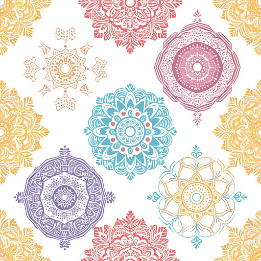 Colorful mandala patterns in red, blue, yellow, and purple on a white background, arranged symmetrically.