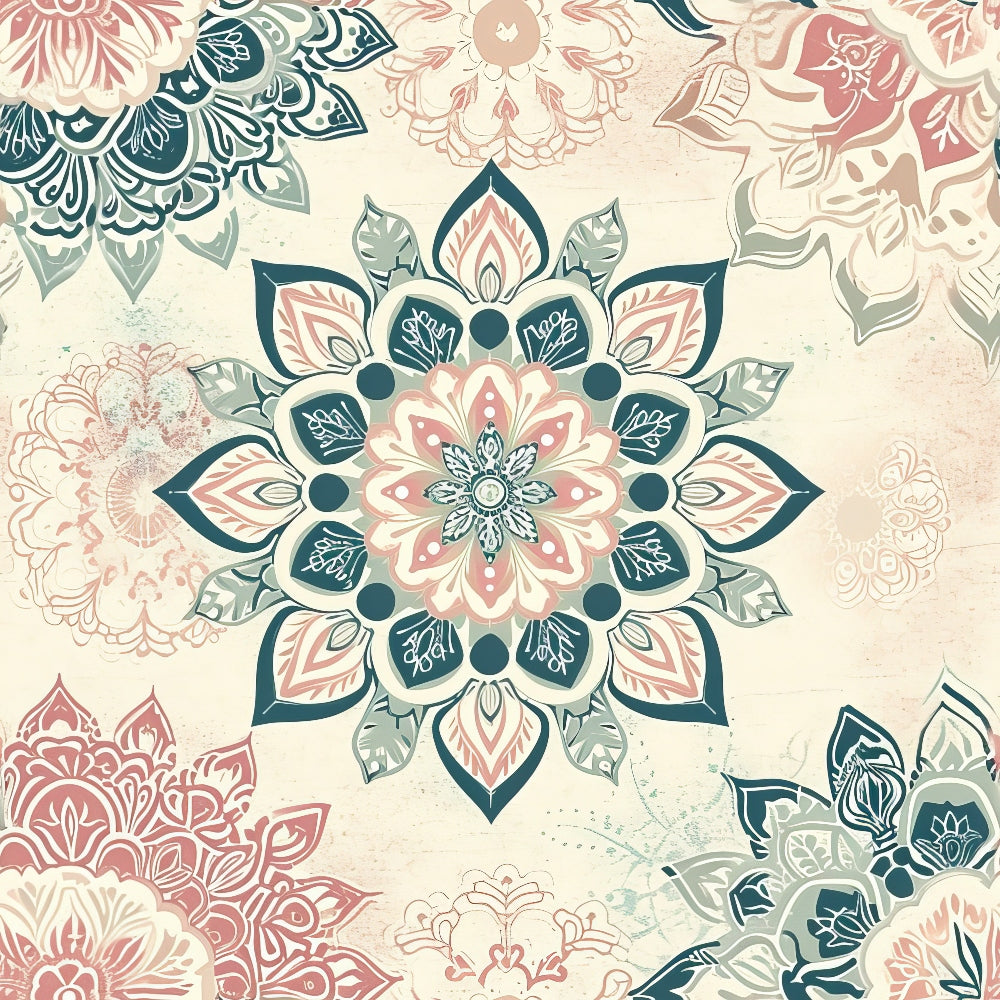 Intricate mandala patterns in shades of green, pink, and cream on a textured background.