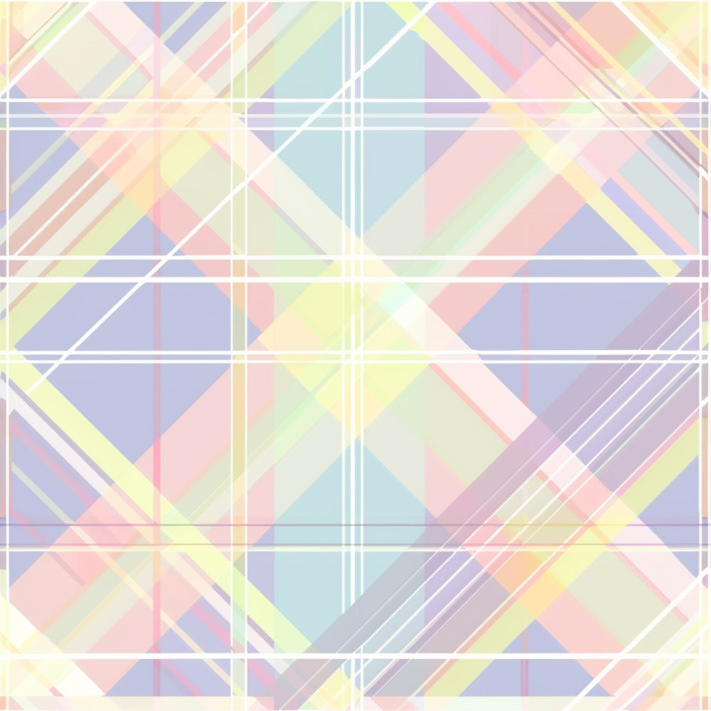 A pastel tartan pattern featuring intersecting diagonal and vertical lines in pink, yellow, blue, and green hues on a light background.