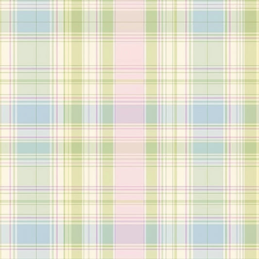 Plaid pattern with intersecting lines in pastel green, blue, pink, and yellow forming squares and rectangles.