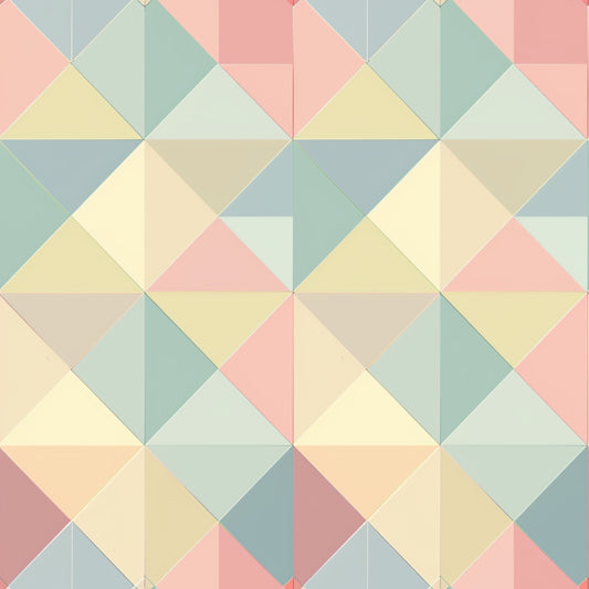 Geometric pattern with pastel triangles and squares in shades of pink, blue, yellow, and green.
