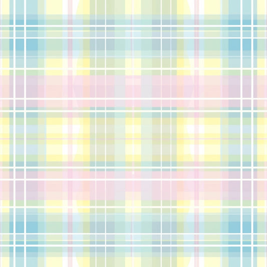 Pastel-colored plaid pattern with intersecting lines in blue, yellow, pink, and green hues.