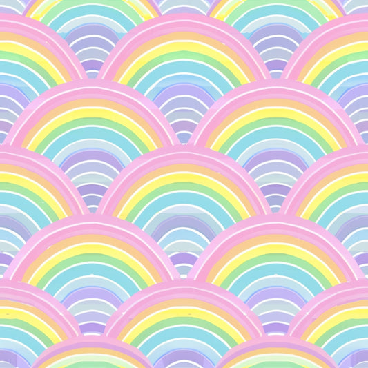 Pattern of overlapping rainbows with pink, yellow, green, blue, and purple arcs, creating a seamless, colorful design.